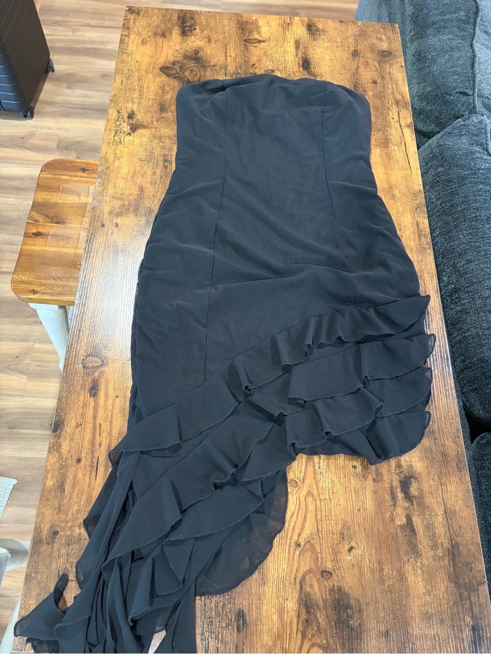 Strapless Black Ruffle Hem Evening Dress